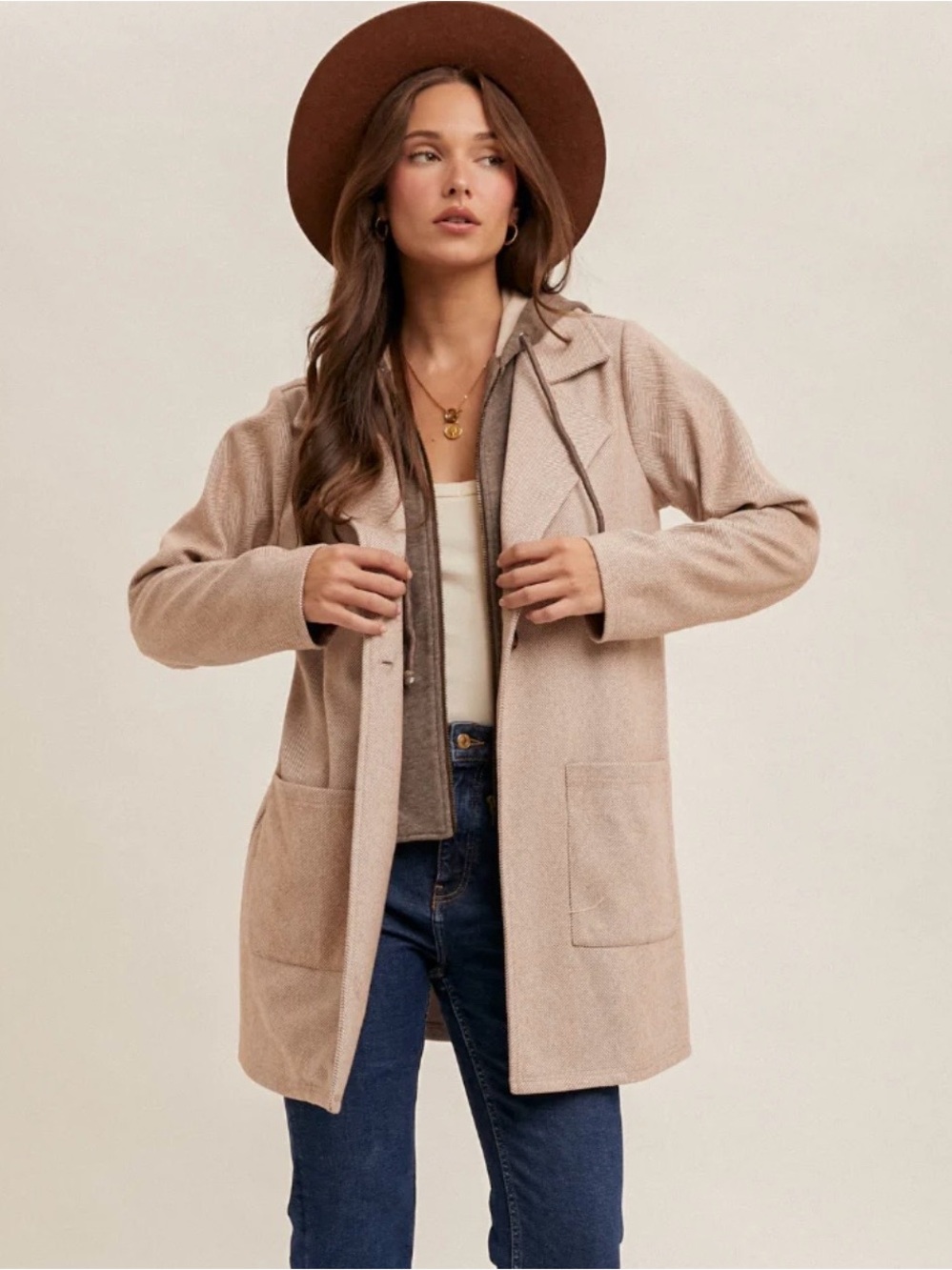 Beige Hooded Longline Coatigan - Women